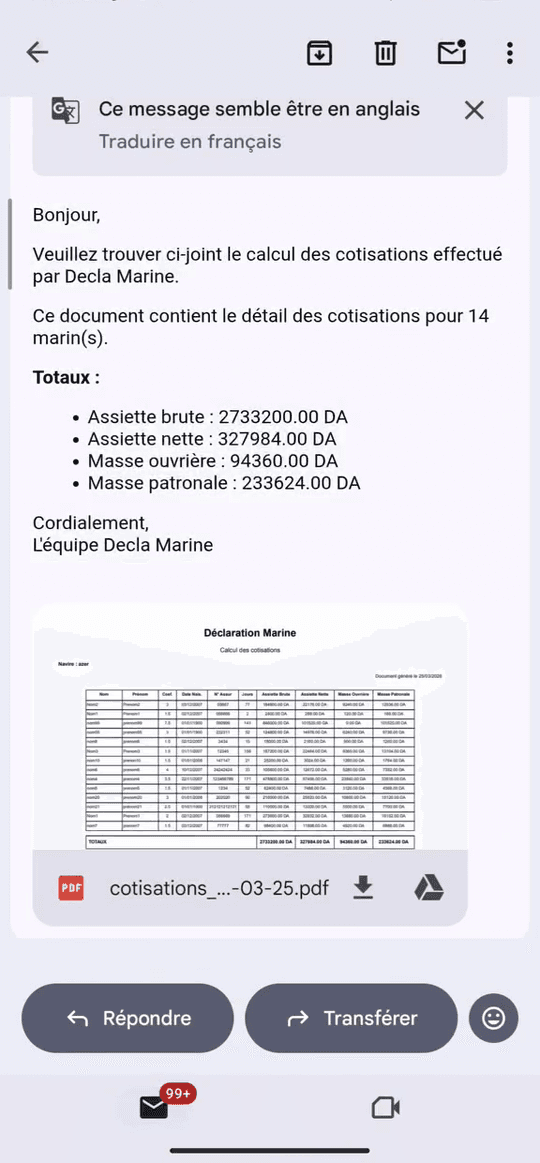 Document de cotisations reçu par email